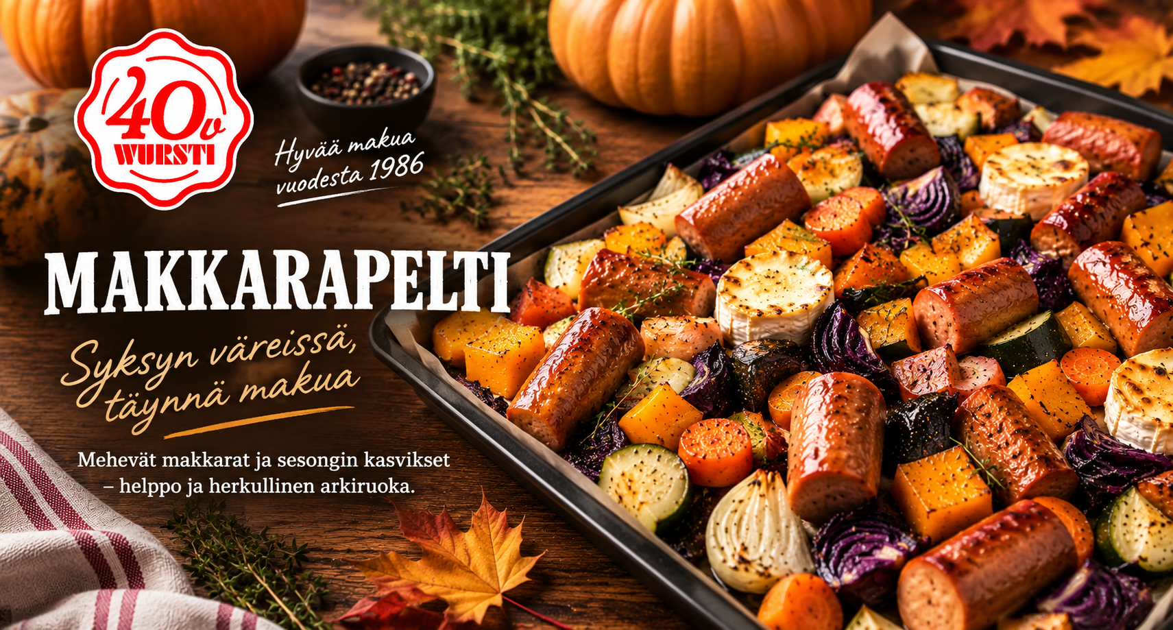 Makkarapelti bannerikuva teksteillä