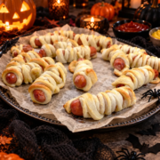 Alt-teksti: Muumio nakkikääröt Halloween-tarjoilupöydällä kurpitsojen ja kynttilöiden ympäröiminä.