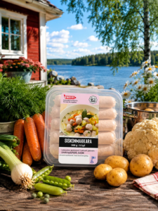 Wurstin Siskonmakkara, uudet perunat, porkkanat, kukkakaali ja herneet kesäisessä suomalaisessa mökkimaisemassa.