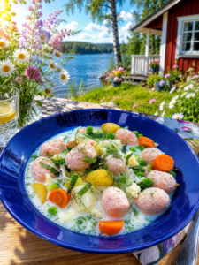 Wurstin Siskonmakkara, uudet perunat, porkkanat, kukkakaali ja herneet kesäisessä suomalaisessa mökkimaisemassa.