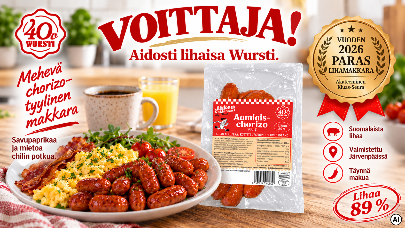 Wurstin Aamiaischorizo on vuoden 2026 paras lihamakkara Wurstin Aamiaischorizo on vuoden 2026 paras lihamakkara – palkittua makkaraosaamista jo viidettä vuotta peräkkäin
